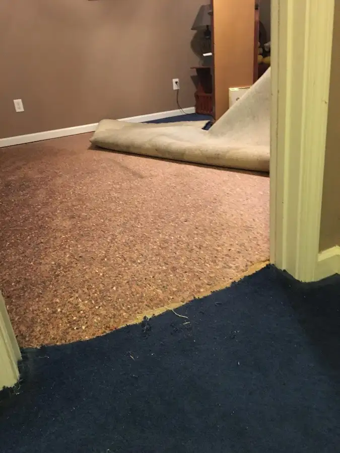 Carpet pad removal revealing water damage during Water Mitigation Services in Margate City